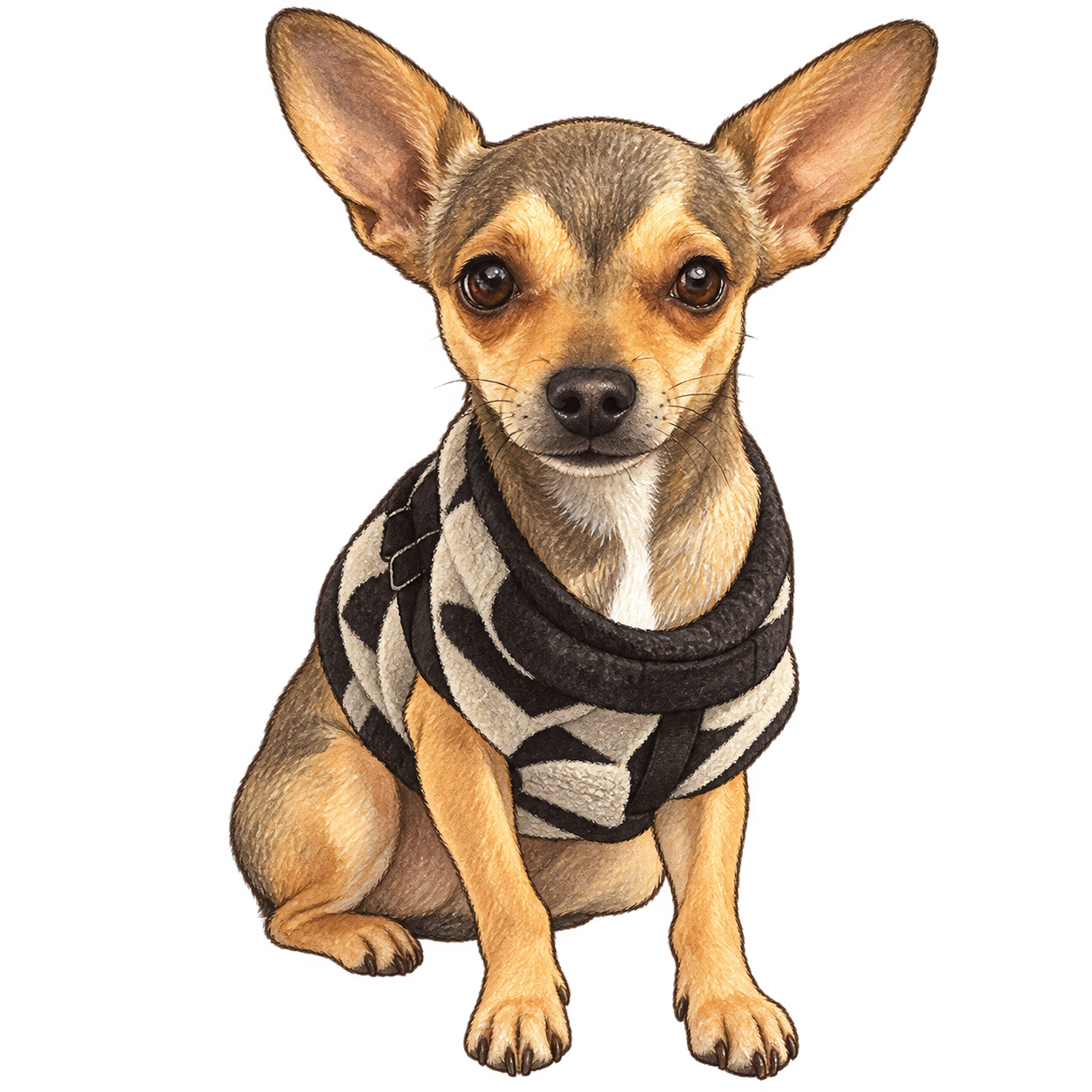 Canelo in his patterned sweater, a hand-drawn illustration based on his photo